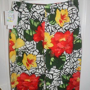 Eric Casual Capri cropped stretch pants floral hibiscus orange yellow sz 10 NEW…